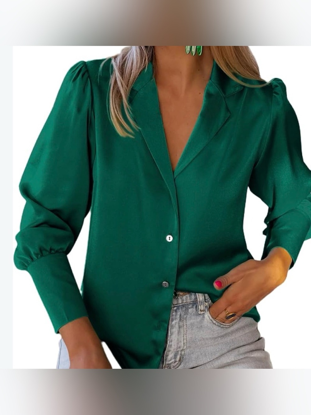 Women's Emerald Green Button-Front Puff-Sleeve Shirt